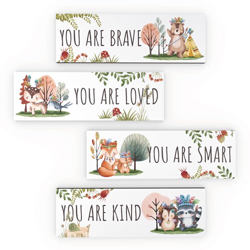 Image of Woodland Animals Wooden Wall Decor: Inspirational "You are Brave/Smart/Kind" Art & Positive Affirmation Plaques for Nursery, Toddler & Boys Room, Bedroom, and Bathroom.