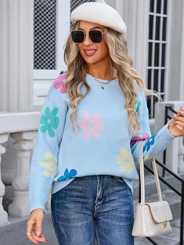 Image of Angashion Sweaters for Women 2025 Crewneck Fashion Printed Flowers: Long Sleeve Ribbed Pullover Sweaters Jumper Light Fuzzy Soft Blue Large