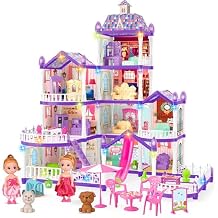 Seifar Doll House for Girls,10 Rooms Purple House Toy with Doll Figures, Puppies,Lights, Furnitures, Accessories, Kids Playhouse Gift for for 3 4 5 6 7 8 9 10 Year Old