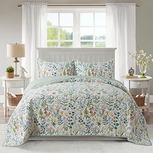 NEWLAKE Cotton Bedspread Quilt Sets-Reversible Patchwork Coverlet Set, Green Classic Floral Pattern, King Size