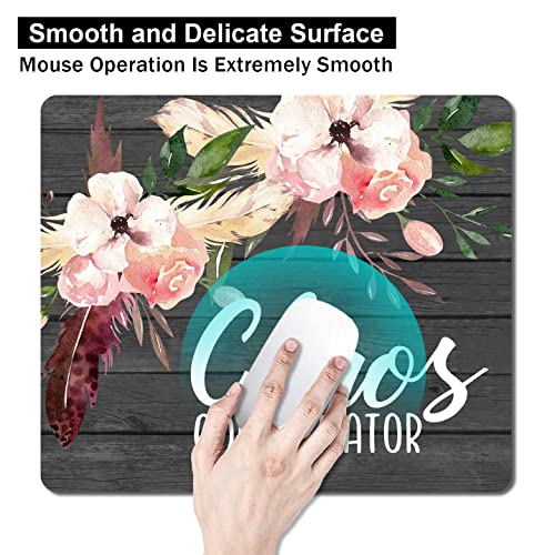 Image of Gray Mouse Pad, Chaos Coordinator Quote Mouse Pad, Vintage Floral Dark Grey Wood Grain Mouse Pads for Computers, Pink Flowers Mouse Mat for Office Decor for Women, 9.5x7.9 inch