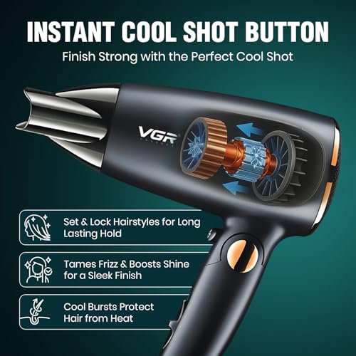 Image of VGR V-439 Foldable Hair Dryer for Men & Women with 1600W DC Motor, 2 Speed Settings, Cool Shot Function, 1.8m Cable, Ideal for Salon and Home Use (Black)