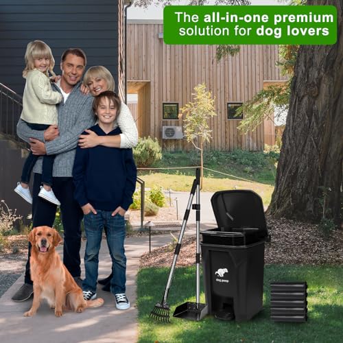 Image of Dog Poop Trash Can Outside with Pooper Scooper, 20L /5Gal Dog Waste Trash Can with Lid, Pedal and Removable Inner Bin, Pet Poop Bin with Metal Rake & Tray and 100 Bags