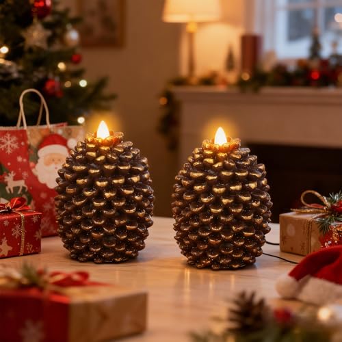 Image of Eldnacele Pine Cone Flameless Candles Battery Operated with 6 Hour Timer Unscented Real Wax Flat Wick Flickering Pinecone LED Candles Christmas Home Holiday Decoration(2 Pack Brown)