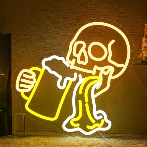 Image of Skull Beer Neon Sign for Wall Decor Halloween Neon Light Bar Led Sign Skeleton Beverage Neon Light Signs for Bedroom Halloween Decoration