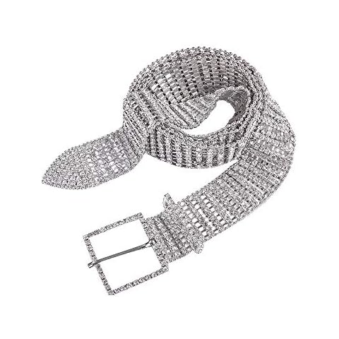 Trimming Shop Women's Silver Bedazzled Diamante Belt With Crystal Rhinestone Studded Wide Waistband For Party Wear, Fashion Accessory, 35mm Wide, Large, 34" - 38" Cover
