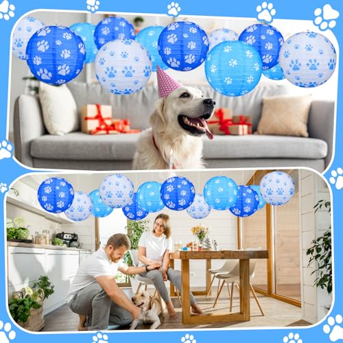 Image of Panelee 12 Pcs Dog Paw Print Paper Lanterns Puppy Themed Party Decorations Blue and White Pet Paw Print Round Hanging Lanterns 8 Inch for Dog Birthday Party Decorations Supplies Indoor Outdoor