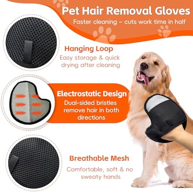 2 Pcs Pet Hair Remover Gloves for Cats & Dogs, Electrostatic Cat Hair Remover Dog Grooming Gloves, Reusable Pet Hair Cleaning Tool Washable Pet Hair Mitt for Carpet Curtain Clothing Couch Car Seat-eELfqIME