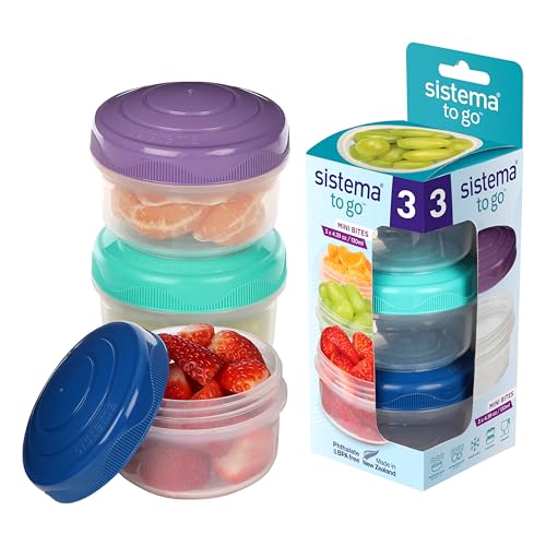 Sistema Snack Pots Mini Bites TO GO | 130 ml | Fiambreras apilables para aperitivos con tapas | Taper plastico | Tapas verde, rosa y azul | 3 unidades