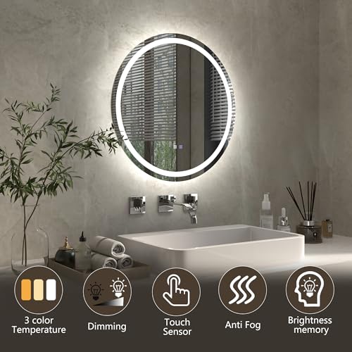 ExBrite 600 mm Round Bathroom Mirror with LED Light, Bathroom Light Mirror Wall Mounted Makeup Vanity Mirror with Anti-Fog, 3 Colors Dimmable, Memory Function, Horizontal/Vertical - Cosy Home Interiors ExBrite 600 mm Round Bathroom Mirror with LED Light, Bathroom Light Mirror Wall Mounted Makeup Vanity Mirror with Anti-Fog, 3 Colors Dimmable, Memory Function, Horizontal/Vertical - Image 2