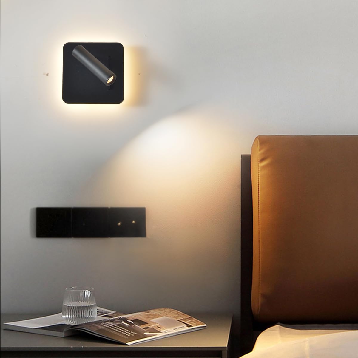Lámpara de Pared de Lectura, 2 Unidades con Interruptor Negro, Lámpara de Pared Led Moderna Interior de 3W + 8W, Luz de Lectura Giratoria 180°, Sala de Estar, Lámpara de Noche, Luz de Cama 3000K.