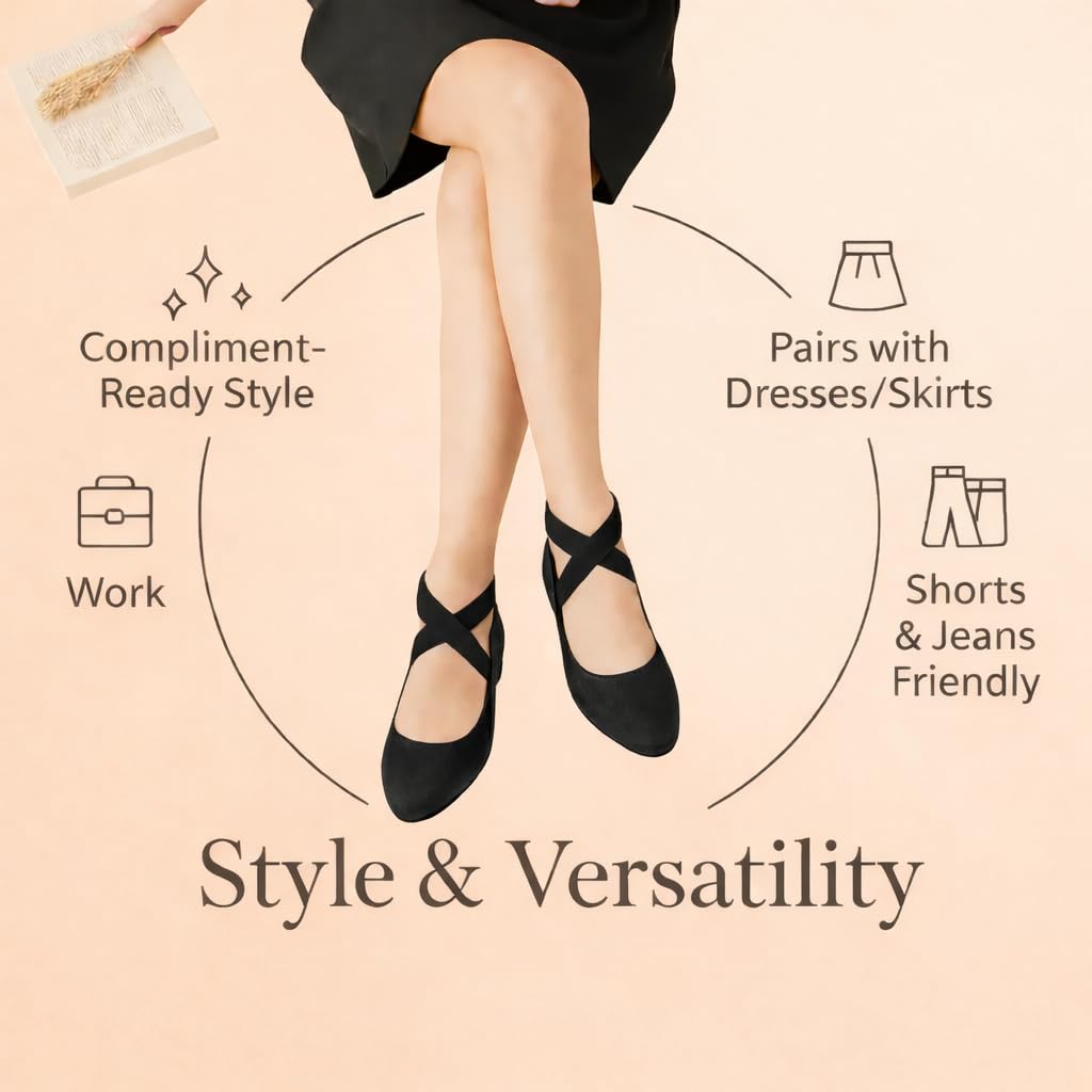 EMMA NEW YORK Ankle Strap Flats for Women, Women Flat Ballerina Shoes, Women's Ballet Flats with Strap (Su Black, 8)