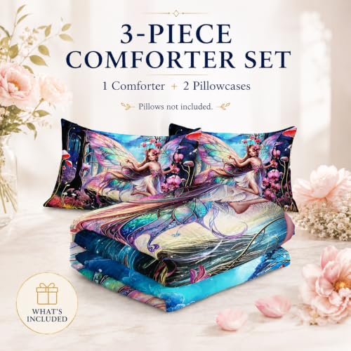 Image of AILONEN Beautiful Butterfly Fairy Comforter Set,Magic Mushroom Duvet Set Full Size, Mysterious Fairy Forest Theme Bedding Set Perfect for Kids Girls Bedroom,1 Quilt + 2 Pillow Case
