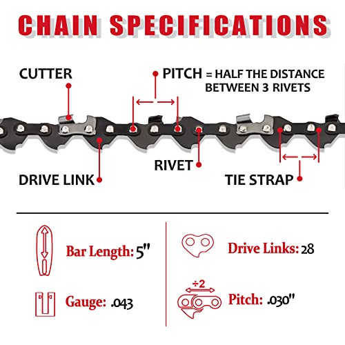 E & S Low Kickback Chain Saw Chain 3 Pack 5 Inch .043" Gauge 0.030" Pitch 28 Drive Links, Semi Chisel 5 Inch Chainsaw Chain For Worx Wg324, Fastcraft 2020X-L #TOP1
