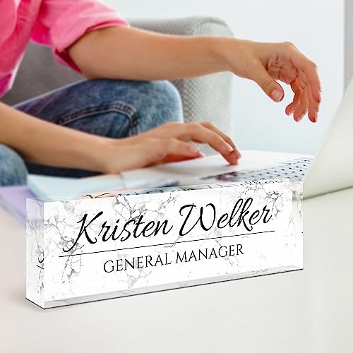 Image of Name Plate for Desk, Desk Name Plate Personalized, Office Decor for Women Men, Acrylic Desktop Accessories, Office Appreciation Gifts for Boss Social Workers Nurse Teacher Employee (White Marble)