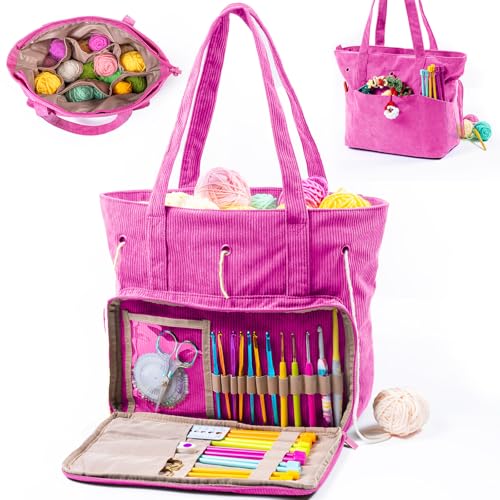 Image of MYBAGZING Large Crochet Bag & Tote, Corduroy Yarn Organizer for Crocheting, Yarn Storage Bag for Hooks and Accessories, Knitting Tote for Crochet Lovers, Mother's Day Gift
