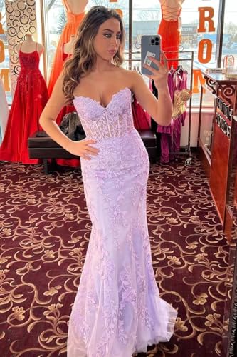 Tulle Lace Appliques Prom Dress 2025 Long Mermaid Strapless Ball Gown Evening Dresses for Women4