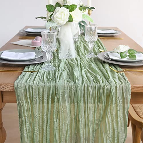 DROMCOM 90 x 300 cm Sage Green Cheesecloth Table Runner Long Boho Rustic Gauze Table Runner