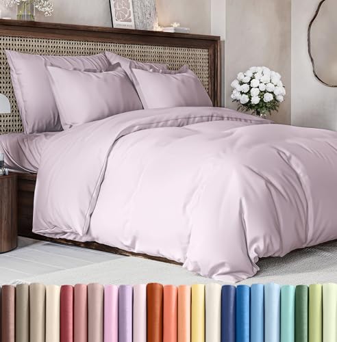 Image of Duvet Cover Queen Size Set - Extra Soft Queen Size Duvet Cover 90 x 90 with 2 Pillow Shams - Hotel Luxury Easy Care and Fade Free w /Zipper Closures & Ties - Breathable Bedding Set (Light Lavender)