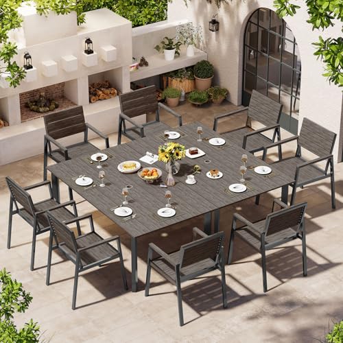 Image of Outdoor Dining Set for 8, Patio Table and Chairs Set with Umbrella Hole, 10 Pieces HDPS + Aluminum Outdoor Furniture Sets for Patio, Garden (Charcoal)