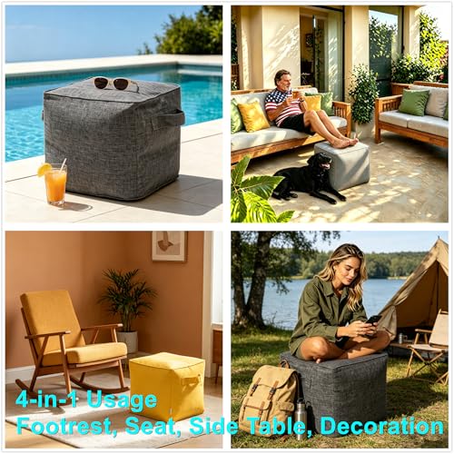 Image of QILLOWAY Inflatable Outdoor Ottoman for Patio, Water Resistant Pouf Cube 16 inch, Inflatable Foot Rest, Outdoor Footstool for Poolside, Garden,Camping, Charcoal Grey,Black