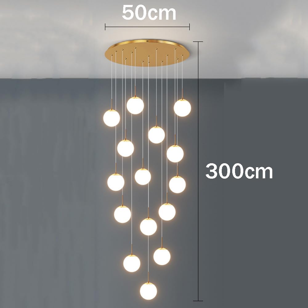 Lampadario a 15 Sfere per Scale per soffitti Alti, Lampada a Sospensione Lunga Dorata, lampadario a Bolle in Vetro Smerigliato, lampadario Cromato in Stile Moderno di metà secolo,