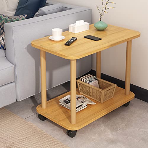 UDIYO Beistelltisch, 2 Ebenen, Holz-Beistelltisch, 360 Grad drehbarer Beistelltisch auf Rollen, einfache Montage, Massivholz-Sofa, kleiner Couch-/Teetisch (Holzfarbe)