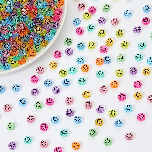 Smile Face Beads 10mm Happy Face Acrylic Cute Spacer Beads Necklace and Bracelet Making Jewelry Supplies 100pcs (Transparent Colorful B)