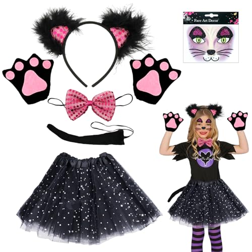 SHOWHEEL Disfraz de Gato Niña 7 Piezas, Juego de Cosplay de Gato con Orejas de Gato, Diadema de Gato, Disfraz de Animal para Niños, Conjunto de Cosplay de Gato, Disfraz Niña Carnaval Halloween