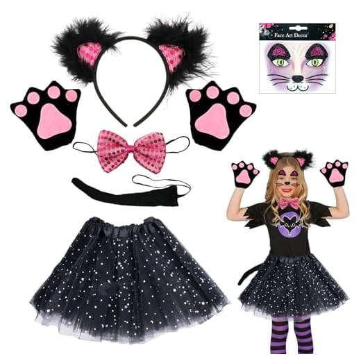 SHOWHEEL Disfraz de Gato Niña 7 Piezas, Juego de Cosplay de Gato con Orejas de Gato, Diadema de Gato, Disfraz de Animal para Niños, Conjunto de Cosplay de Gato, Disfraz Niña Carnaval Halloween