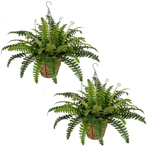 Tepaler 2 Set Artificial Hanging Ferns for Outdoors with Hanging Baskets UV Resistant Artificial Outdoor Plants Faux Ferns Outdoor Hanging Basket for Front Porch Garden