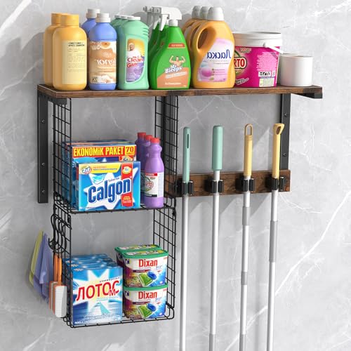 Housolution Wall Mount Broom Holder Laundry Room Storage Organizer Shelves