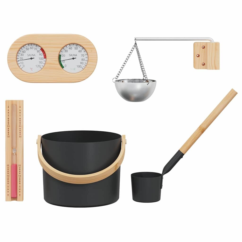 Set di accessori per sauna, 5 pezzi, nero, in alluminio e legno di pino, secchio per sauna, igrometro, termometro, clessidra, ciotola per aromi, mestolo per interni, benessere e relax
