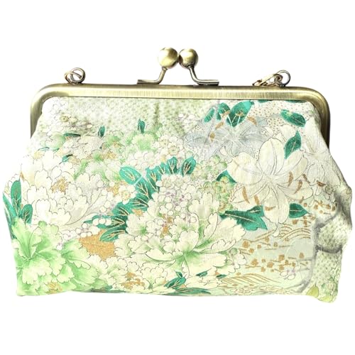 Kimono Cloud Clutch bag Vintage Floral Kiss Lock Purses and Handbags Crossbody Bag/Made in Japan Japanese Evening Clutch Buckle Purse Shoulder/Green Peony