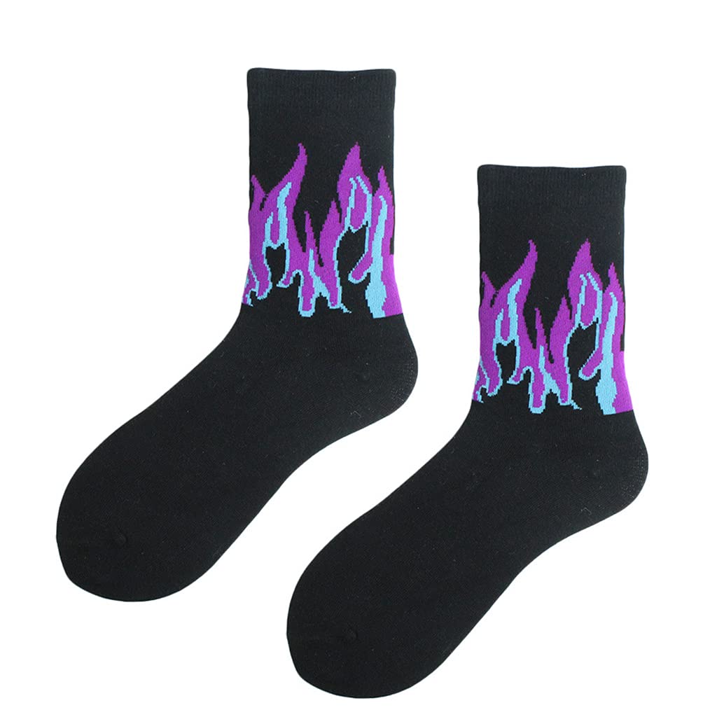 QUEENYARD Harajuku Unisex Flame Print Crew Socks Hip Hop Contrast Color Skateboard Hosiery