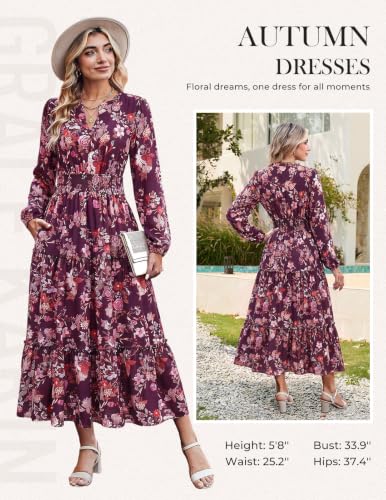 Image of GRACE KARIN Women's Floral Maxi Dress 2026 Fall Long Sleeve V Neck Empire Waist A Line Flowy Dress with Pocket