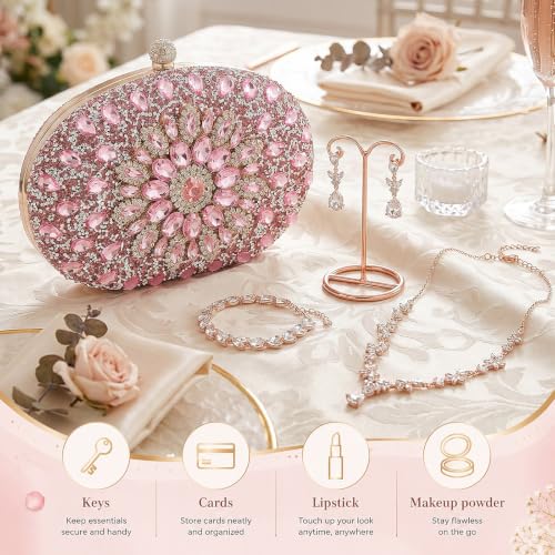 Image of Quelay 4 Pcs Purse Rhinestone Jewelry Set for Wedding Bridal Women Evening Clutch Bag Necklace Dangle Earrings Bracelets