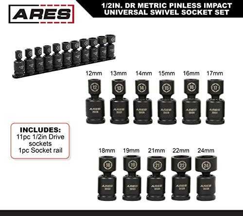Image of ARES 25125 11-Piece 1 /2-Inch Drive Metric Pinless Swivel Impact Socket Set | Chrome-MolySteel, BlackPhosphateCoating, 360-Degree Swivel,Exceeds ANSIStandards, LimitedLifetime Warranty
