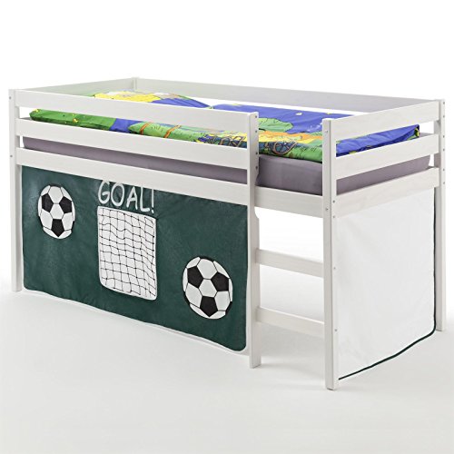 IDIMEX Hochbett Spielbett Kinderbett Erik, Kiefer massiv, weiß lackiert mit Vorhang Fussballmotiv