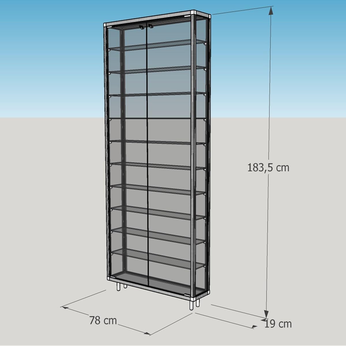 MHN Sammlervitrine & Standvitrine 19 x 78 x 183,5 cm – Flache Glasvitrine zur Wandaufstellung, abschließbar, Holzrückwand – ohne Beleuchtung – für Modellautos, Modell-Eisenbahn oder Figuren