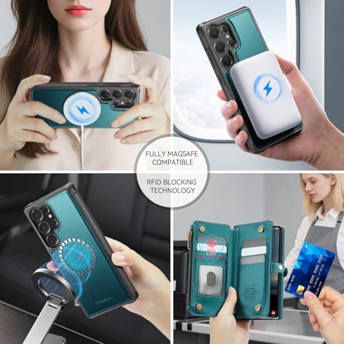 Defencase for Samsung Galaxy S24 Ultra Magnetic Wallet Case Compatible with Magsafe with RFID Blocking Zipper & Card Holder Women, PU Leather Detachable Phone Case for Galaxy S24 Ultra 6.8, Blue Green by Defencase - Used condition - Image 4