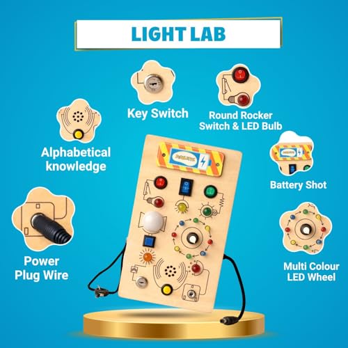 Image of Light Lab Wooden Montessori Busy Board with Lights & Switches | Sensory Learning Toy with Number Sounds | Educational Wooden Toy for Toddlers 1-3 Years | Interactive Sound & Button Activity