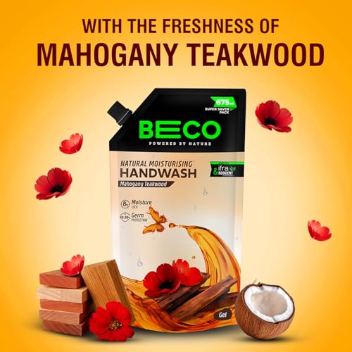 Image of Beco Moisturising Liquid Handwash-Mahogany Teakwood Fragrance | 675 ml | 8-hr moisture lock | Natural, Paraben free, Chemical Free | Kills 99.99% germs, Safe for all Skin types | Plant based Cleansers