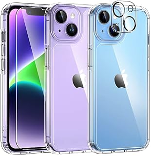 TAURI 5 in 1 Defender Designed for iPhone 14 Plus Case, 1 phone case + 2 Screen Protector + 2 Camera Protector [Military Grade Protection] Anti-Yellow Shockproof 360 Protective Cover Slim - Clear