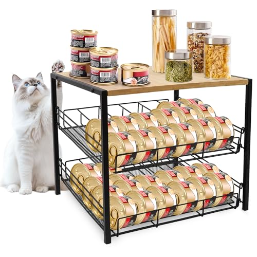 PWSOMJ Bamboo & Iron Cat Food Organizer for Pantry, 2-Tier Can Stackable Storage Rack Holds 48 (3oz) Cans, Flat Top for Extra Storage, Automatic Slide-Down Perfect for Pet Food Cans