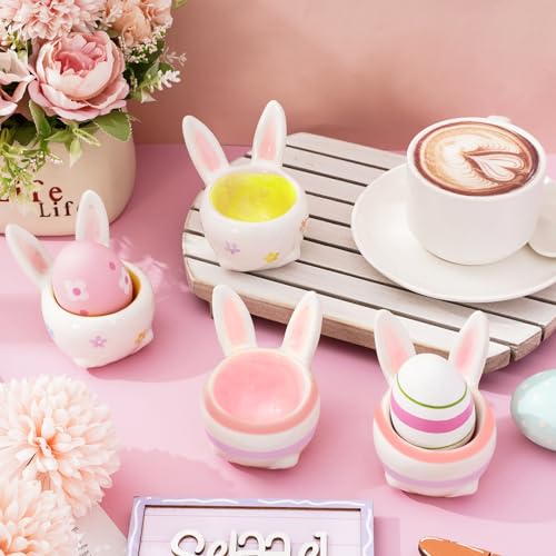 JarThenaAMCS Eierbecher aus Keramik, Set mit 4 bunten niedlichen Kaninchen, Porzellan-Eierhalter, Dekorationen, gekochte Kochutensilien, stabil, leicht zu reinigen, für Ostern, Frühstück, Party, Essen – Bild 5