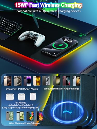 Image of Wireless Charging Mouse Pad, 31.5 inchx11.81 inch XL Gaming Mousepad with 11 RGB Colors & 5 Lighting Modes, Home Office Large Desk Pad, Ultra-Smooth Surface, Non-Slip, Waterproof Keyboard Pad Black Desk Mat