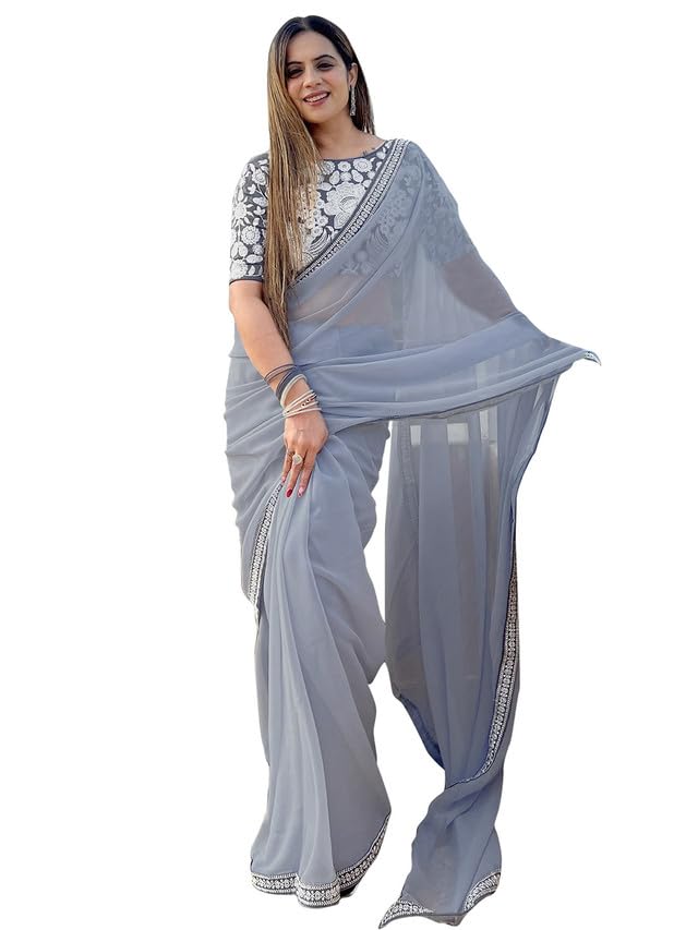 Satrani Women's Georgette Embroidery Lace Saree With Unstitched Blouse Piece (3151S129N_Grey)