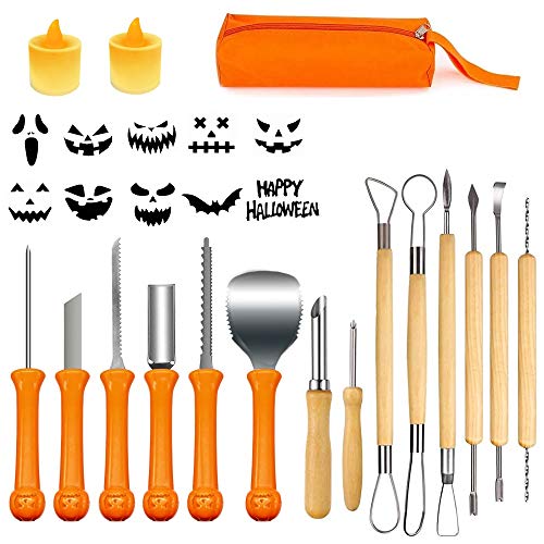 Charlemain Kit Citrouille Halloween, 14Pcs Kit Sculpture Citrouille avec 2 LED Bougie, Pumpkin Carving Kit Professionnels en Acier Inoxydable avec 10 Modèles de Sculpture, pour Adultes et Enfants DIY