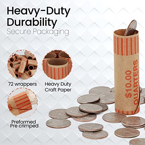 Quarter Coin Wrappers 72 Pcs - Preformed Coin Rolls Wrappers For Quarter - Paper Coin Tubes Wrapper, Convenient Quarter Storage Cover Coin Rolls, Coin Wrappers Quarters For Bank And Office #TOP4
